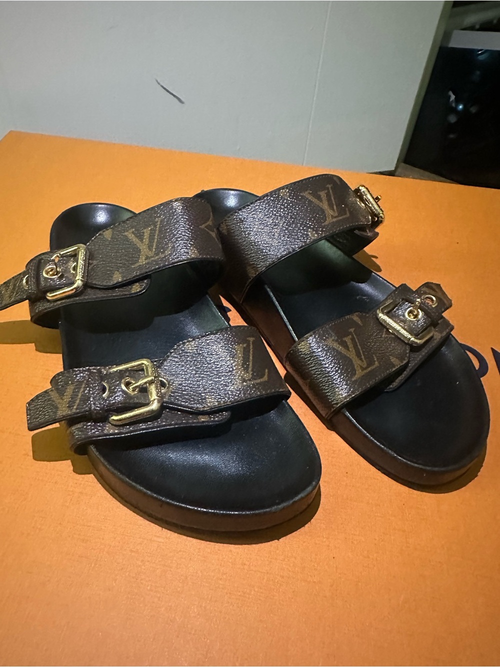 Louis Vuitton Brown Monogram Dual-Buckle Slide Sandals with Black Footbed